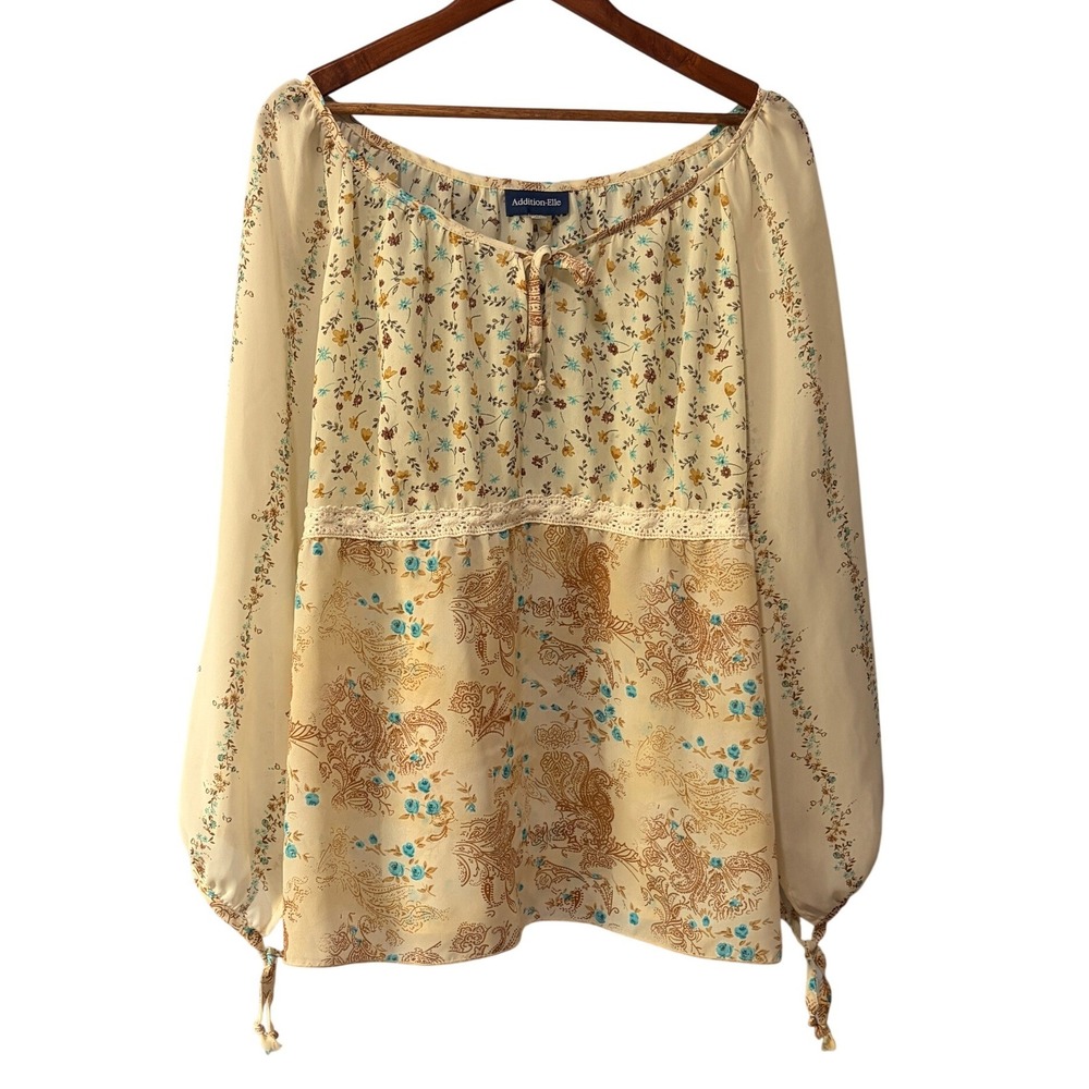 Addition Elle Plus Size 24W Floral Paisley Peasant Blouse Chiffon Lace Cream